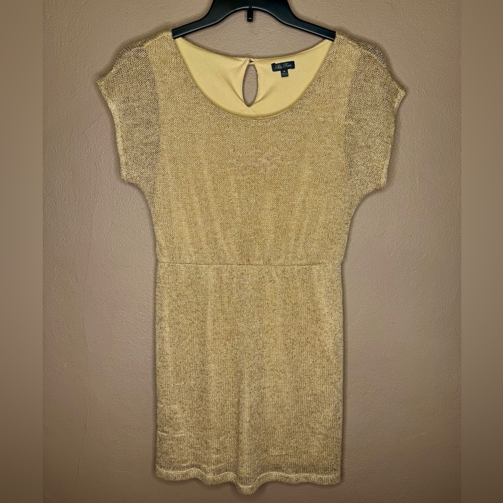 Lily Rose Gold Metallic Mini Cocktail Dress Woven Overlay Keyhole Back Medium